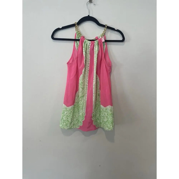 Lilly Pulitzer Blouse Pink Green Riviera Silk Chain Halter Neck Tank Top Size XS - Picture 11 of 11